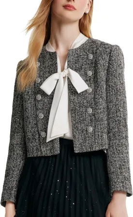 2025 Classic Tweed Blazers for Women Long Sleeve Cropped Casual Work Suit Jacket Work Blazer
