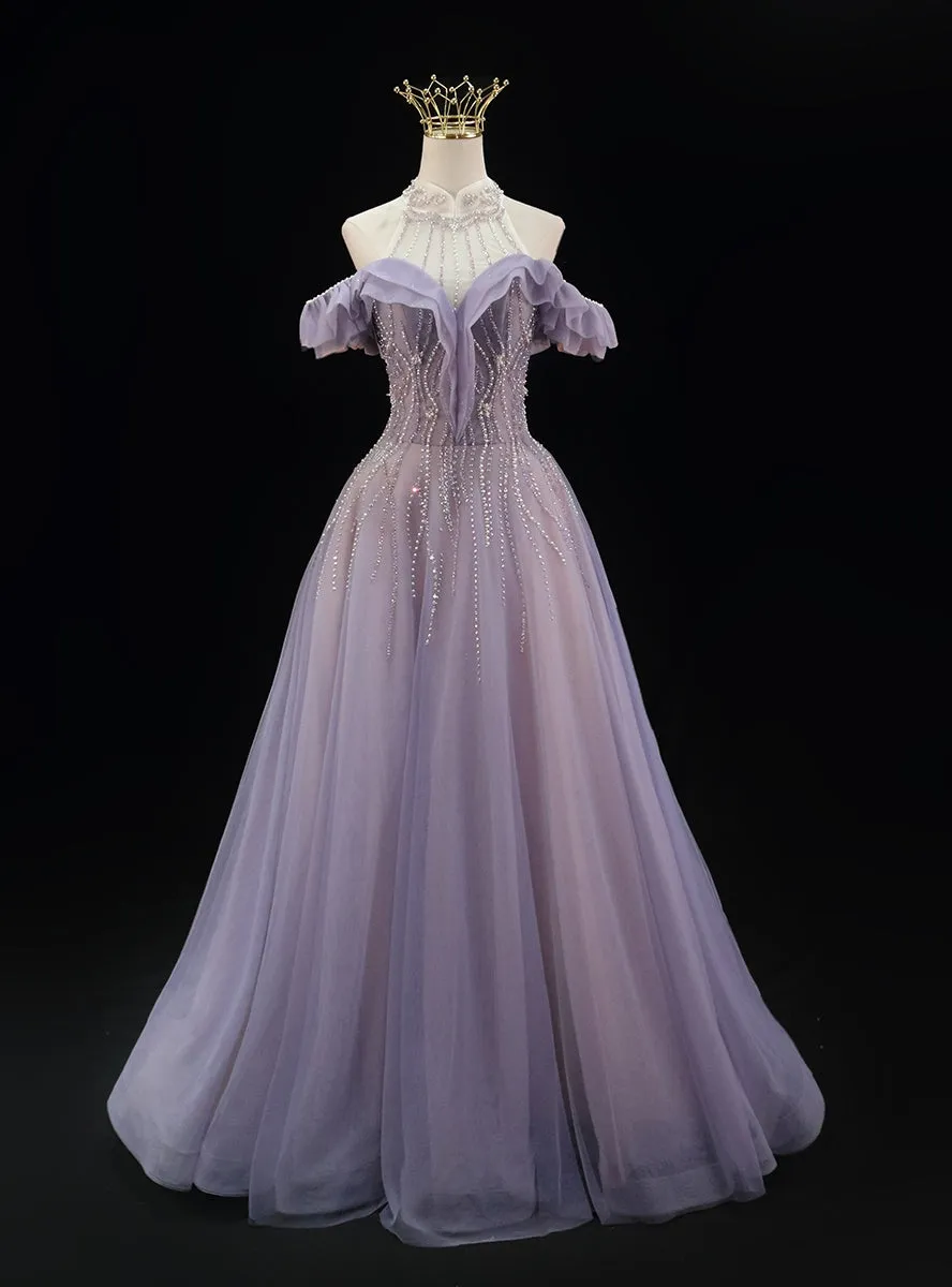 A-line Gray Blue Tulle Beading Prom Dress