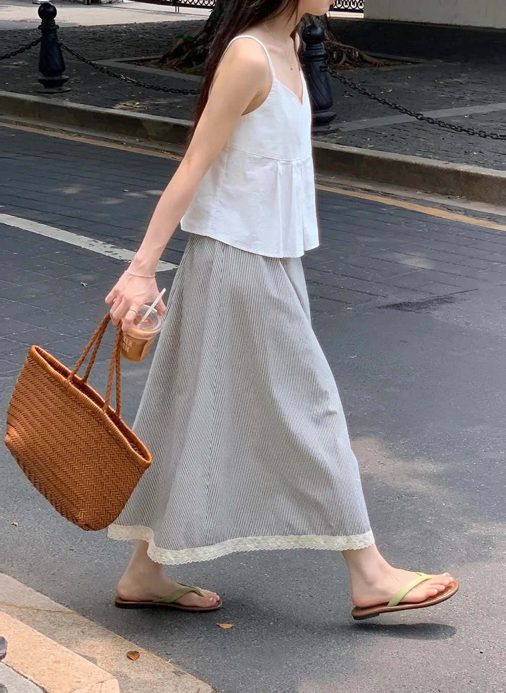 Advbridge  -  2 colors Korean style high elastic waist Long Skirts Woman Summer Autumn plaid A-line Lace pleated Skirts womens (X2843)