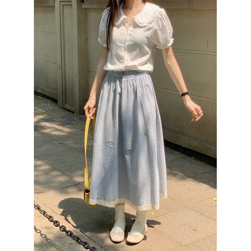 Advbridge  -  2 colors Korean style high elastic waist Long Skirts Woman Summer Autumn plaid A-line Lace pleated Skirts womens (X2843)
