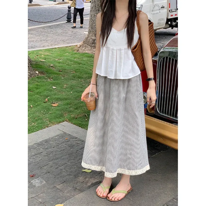 Advbridge  -  2 colors Korean style high elastic waist Long Skirts Woman Summer Autumn plaid A-line Lace pleated Skirts womens (X2843)