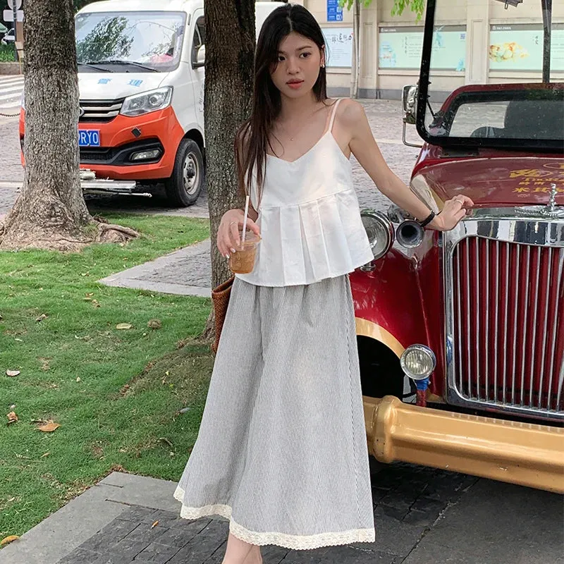 Advbridge  -  2 colors Korean style high elastic waist Long Skirts Woman Summer Autumn plaid A-line Lace pleated Skirts womens (X2843)
