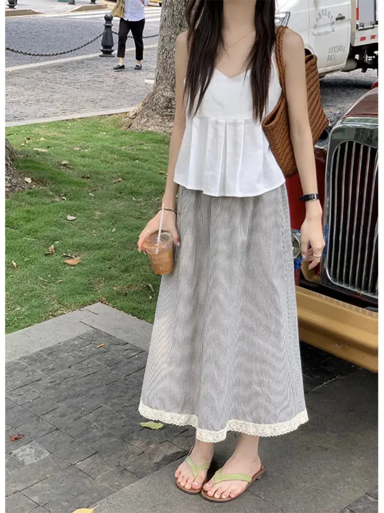 Advbridge  -  2 colors Korean style high elastic waist Long Skirts Woman Summer Autumn plaid A-line Lace pleated Skirts womens (X2843)