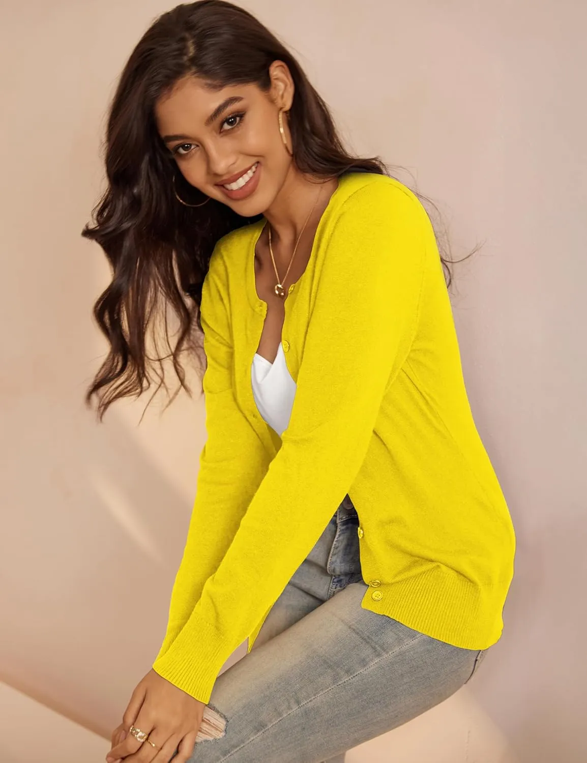 a.Jesdani Women's Button Down Crew Neck Long Sleeve Soft Knit Cardigan Sweaters