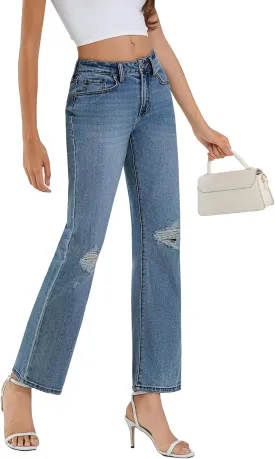 APUOR High Waisted Ripped/Intact Jeans Women's Straight Leg Distressed Jeans Trendy 2025 Wide Leg Denim Pants