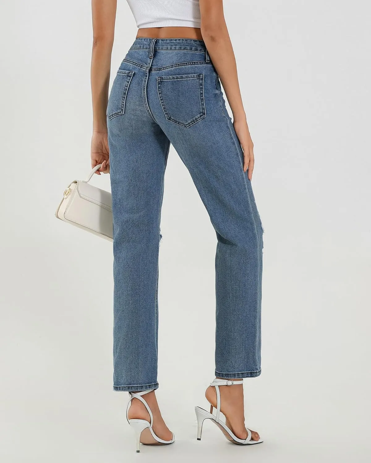 APUOR High Waisted Ripped/Intact Jeans Women's Straight Leg Distressed Jeans Trendy 2025 Wide Leg Denim Pants