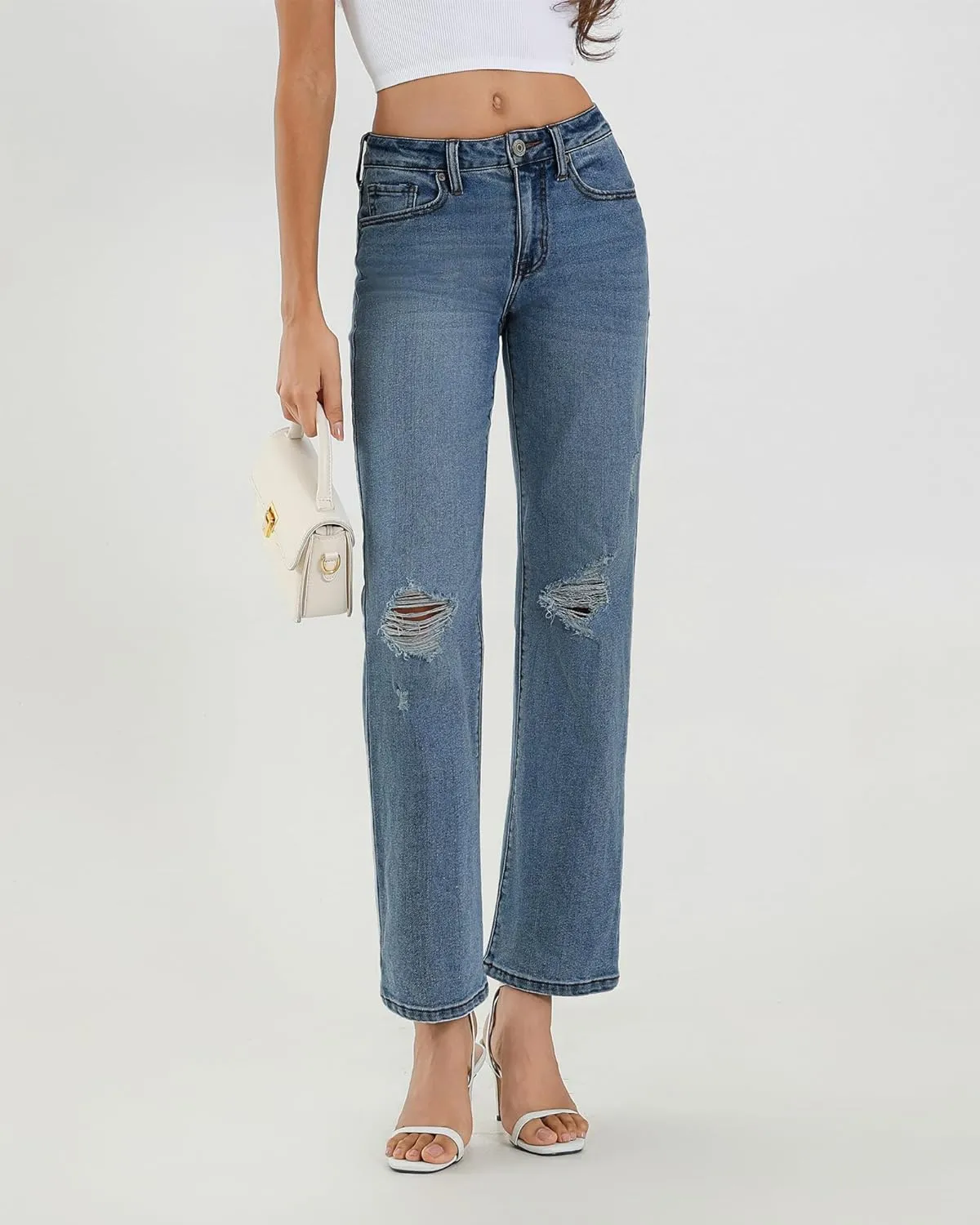APUOR High Waisted Ripped/Intact Jeans Women's Straight Leg Distressed Jeans Trendy 2025 Wide Leg Denim Pants