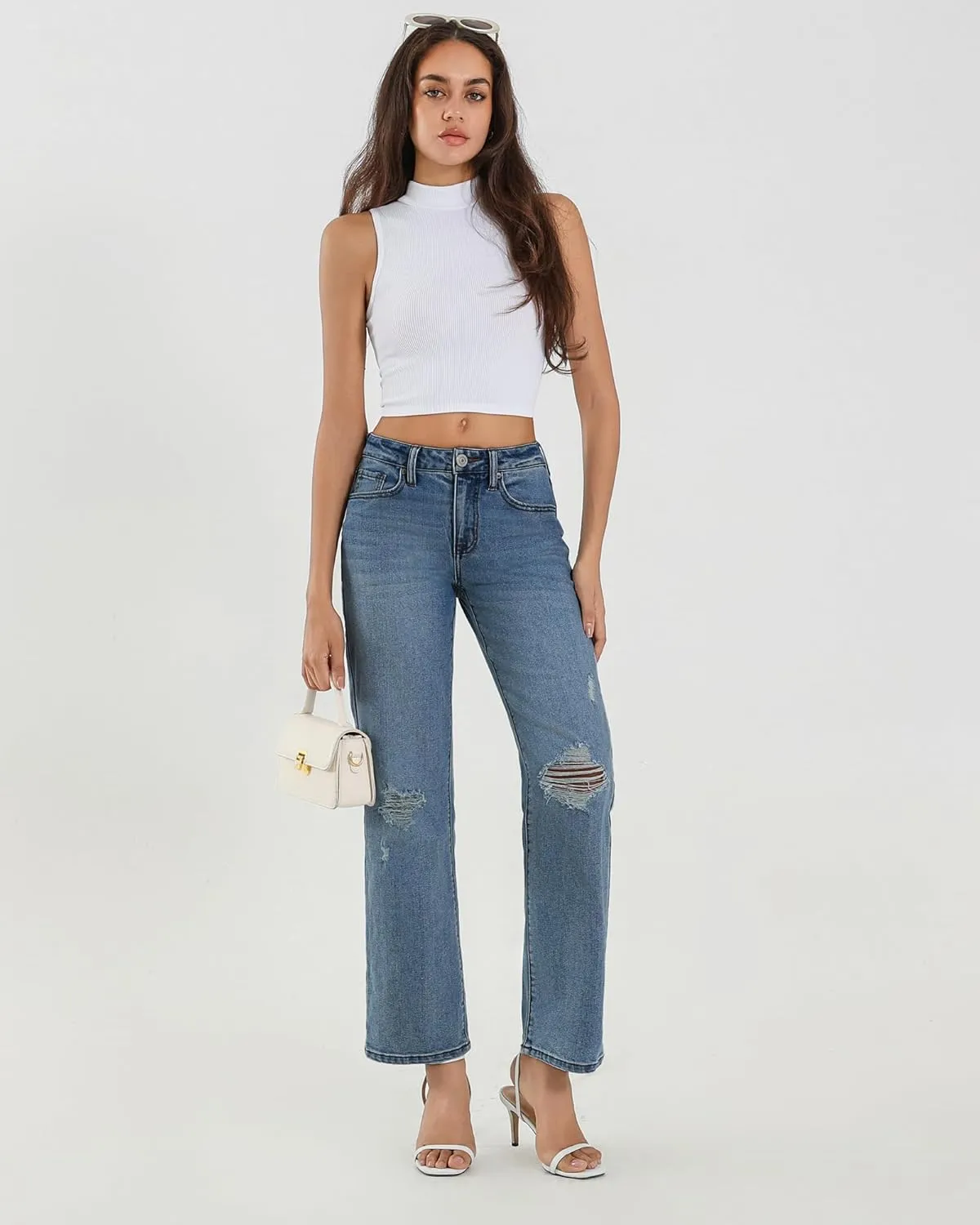 APUOR High Waisted Ripped/Intact Jeans Women's Straight Leg Distressed Jeans Trendy 2025 Wide Leg Denim Pants