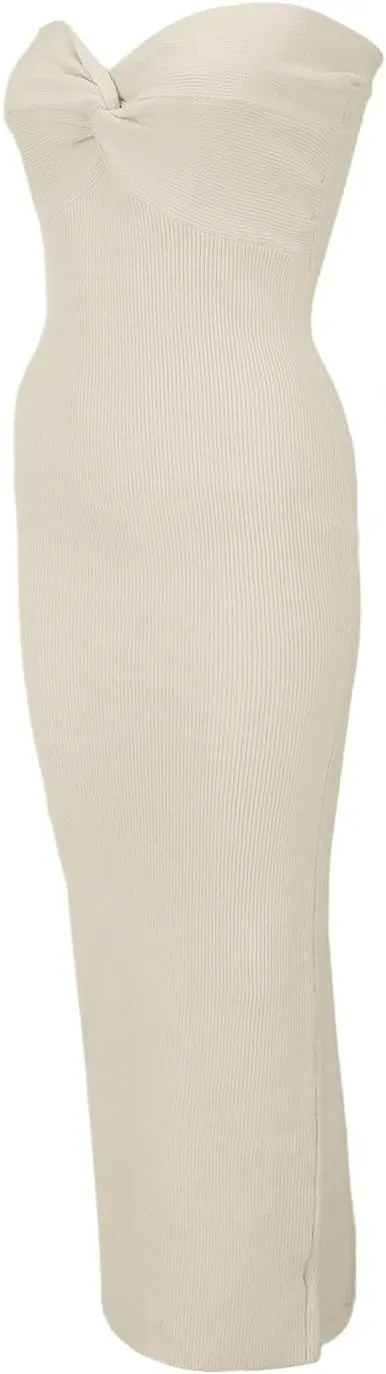 Casual Summer Dresses for Women 2025,Sexy Twist Knot Front Ribbed Knit Bodycon Bandeau Tube Dress Solid Strapless Dress