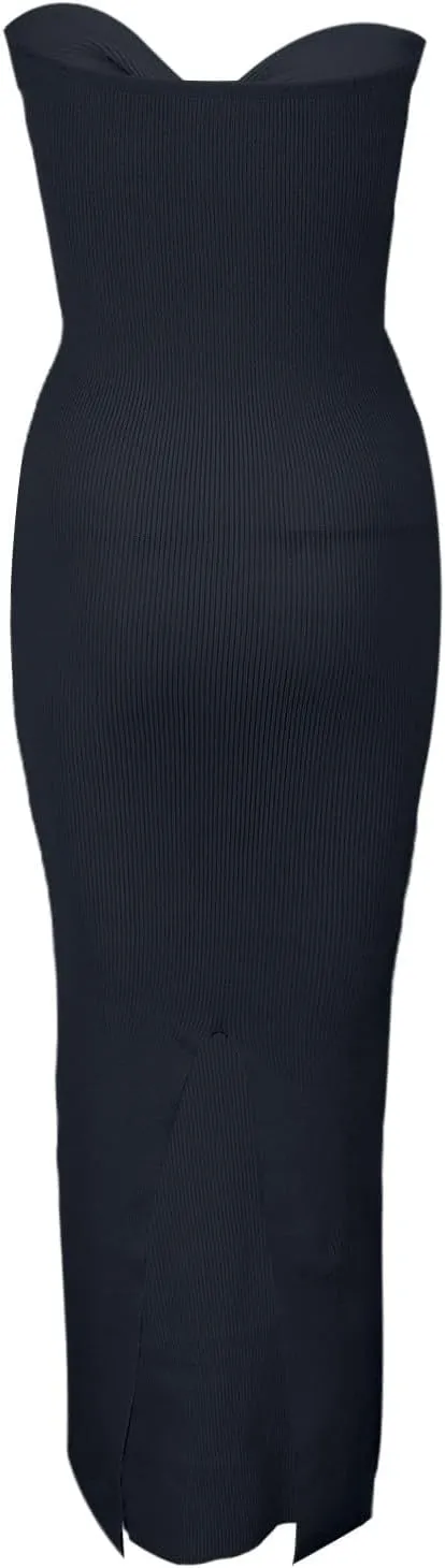 Casual Summer Dresses for Women 2025,Sexy Twist Knot Front Ribbed Knit Bodycon Bandeau Tube Dress Solid Strapless Dress