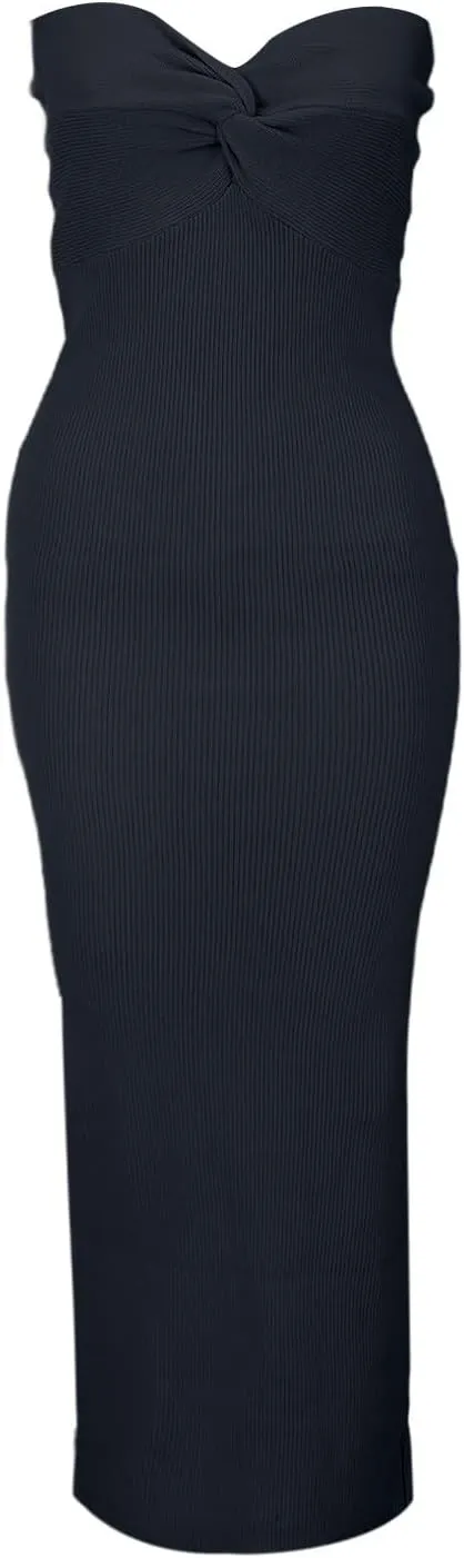 Casual Summer Dresses for Women 2025,Sexy Twist Knot Front Ribbed Knit Bodycon Bandeau Tube Dress Solid Strapless Dress