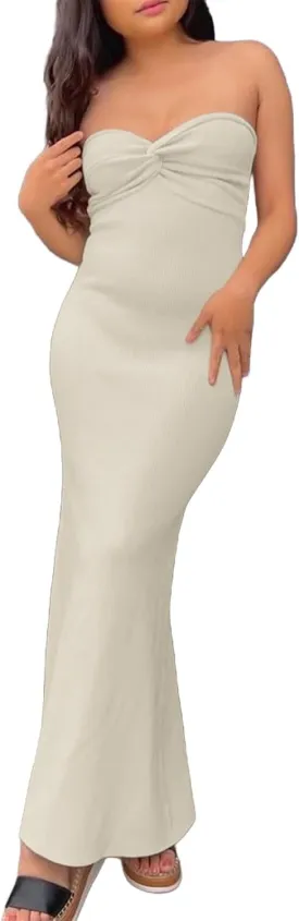 Casual Summer Dresses for Women 2025,Sexy Twist Knot Front Ribbed Knit Bodycon Bandeau Tube Dress Solid Strapless Dress