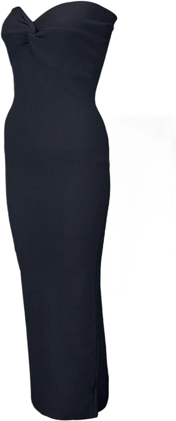 Casual Summer Dresses for Women 2025,Sexy Twist Knot Front Ribbed Knit Bodycon Bandeau Tube Dress Solid Strapless Dress