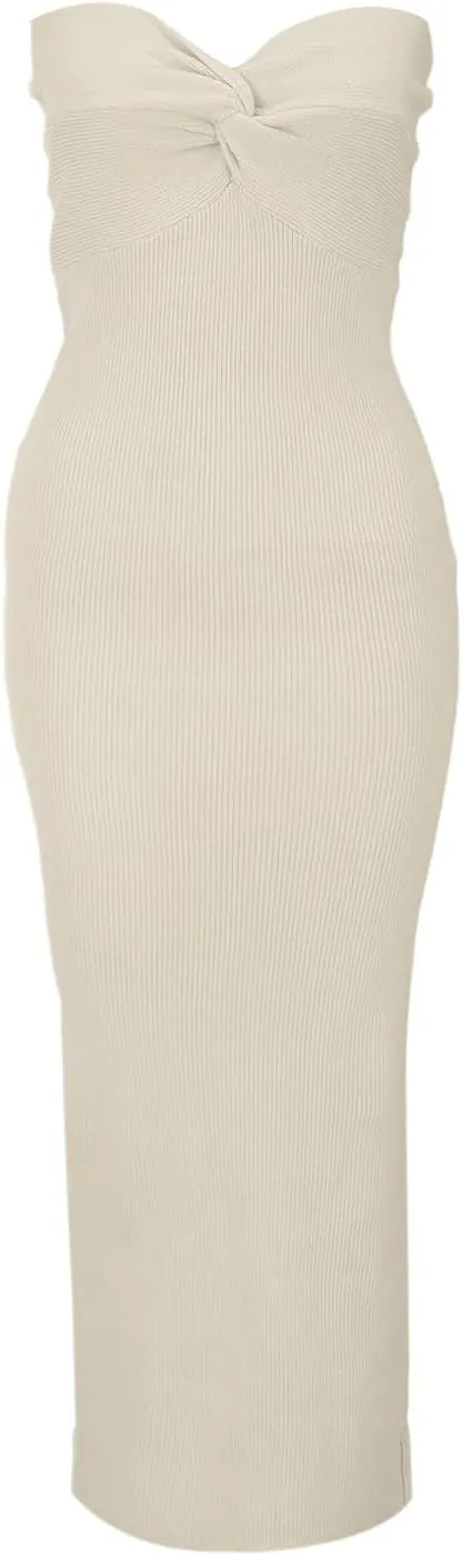 Casual Summer Dresses for Women 2025,Sexy Twist Knot Front Ribbed Knit Bodycon Bandeau Tube Dress Solid Strapless Dress