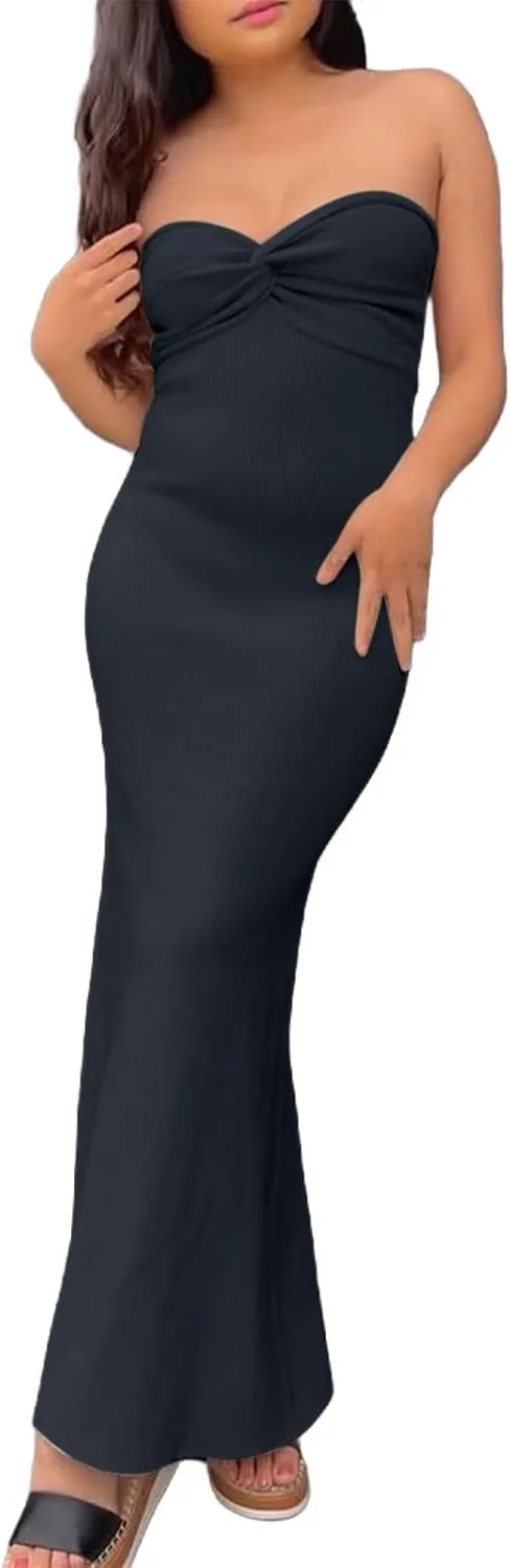 Casual Summer Dresses for Women 2025,Sexy Twist Knot Front Ribbed Knit Bodycon Bandeau Tube Dress Solid Strapless Dress