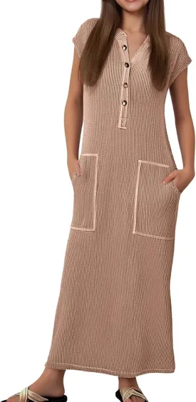Cotton Dresses for Women 2025 Summer Vintage Maxi Short Sleeves Dress V Neck Long Dresses with Pockets Prom Sundress