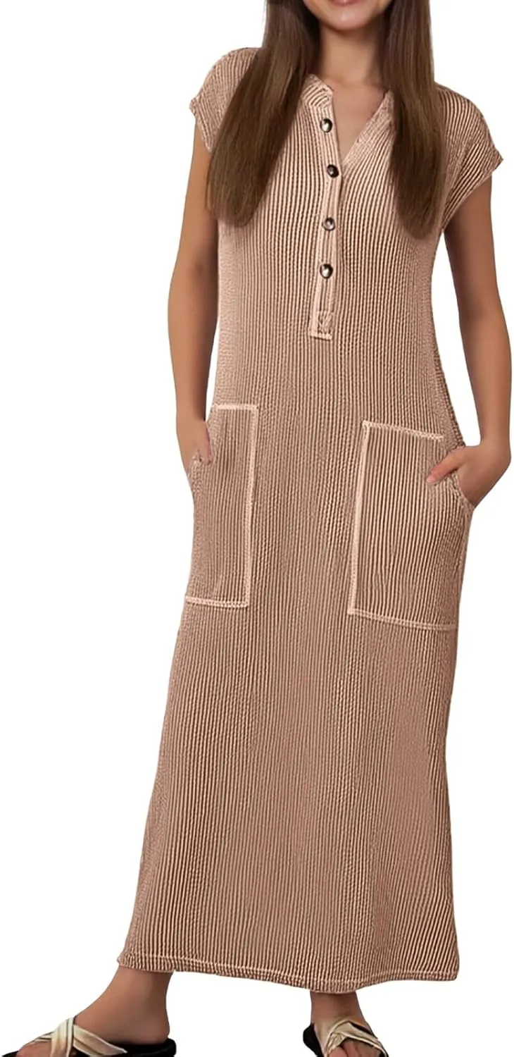 Cotton Dresses for Women 2025 Summer Vintage Maxi Short Sleeves Dress V Neck Long Dresses with Pockets Prom Sundress