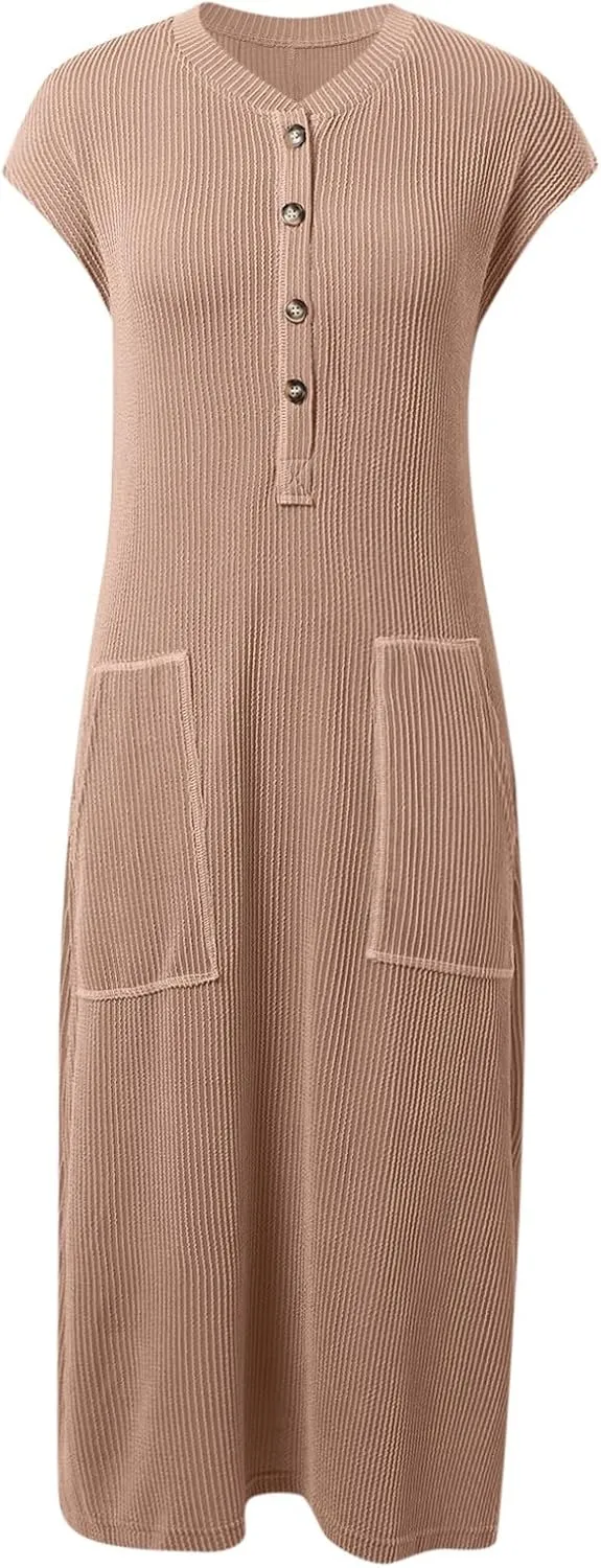 Cotton Dresses for Women 2025 Summer Vintage Maxi Short Sleeves Dress V Neck Long Dresses with Pockets Prom Sundress