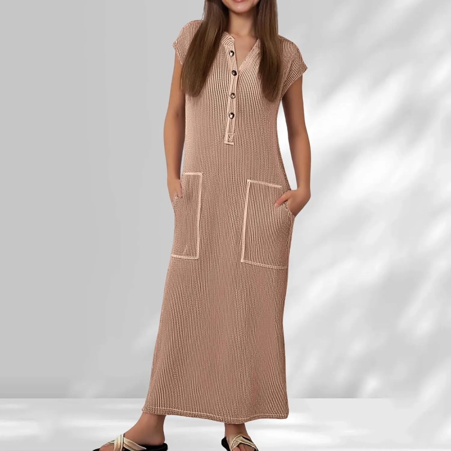 Cotton Dresses for Women 2025 Summer Vintage Maxi Short Sleeves Dress V Neck Long Dresses with Pockets Prom Sundress