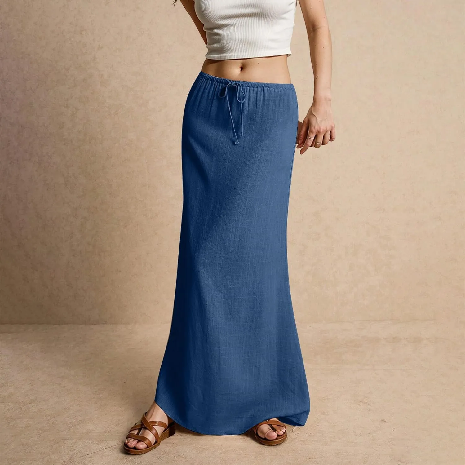 Cotton Linen Skirts for Women Maxi Length Summer Skirts Low Rise A-Line Casual Drawstring Long Flowy Loose Beach Skirt