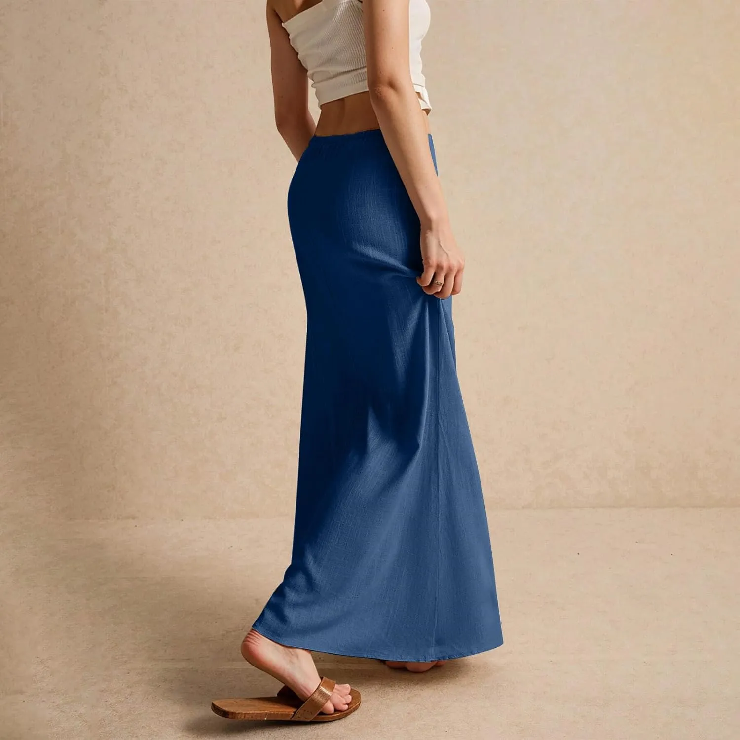 Cotton Linen Skirts for Women Maxi Length Summer Skirts Low Rise A-Line Casual Drawstring Long Flowy Loose Beach Skirt