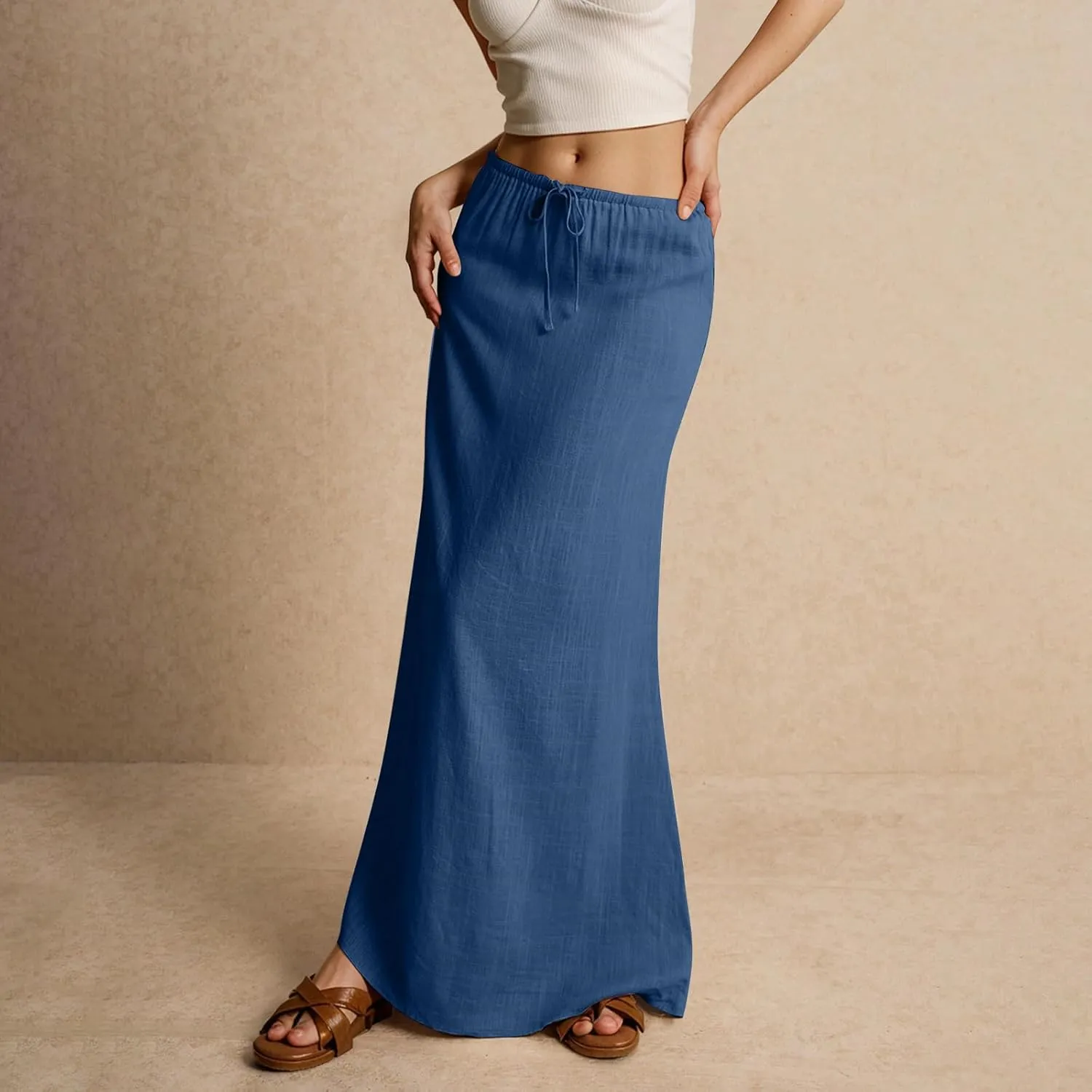 Cotton Linen Skirts for Women Maxi Length Summer Skirts Low Rise A-Line Casual Drawstring Long Flowy Loose Beach Skirt