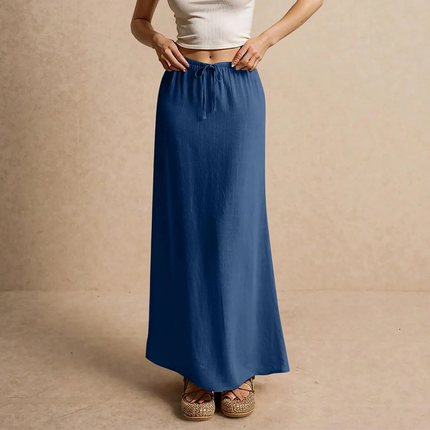 Cotton Linen Skirts for Women Maxi Length Summer Skirts Low Rise A-Line Casual Drawstring Long Flowy Loose Beach Skirt