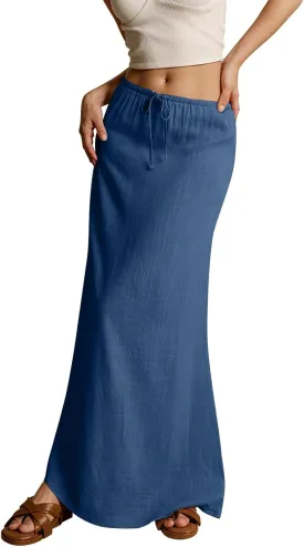 Cotton Linen Skirts for Women Maxi Length Summer Skirts Low Rise A-Line Casual Drawstring Long Flowy Loose Beach Skirt