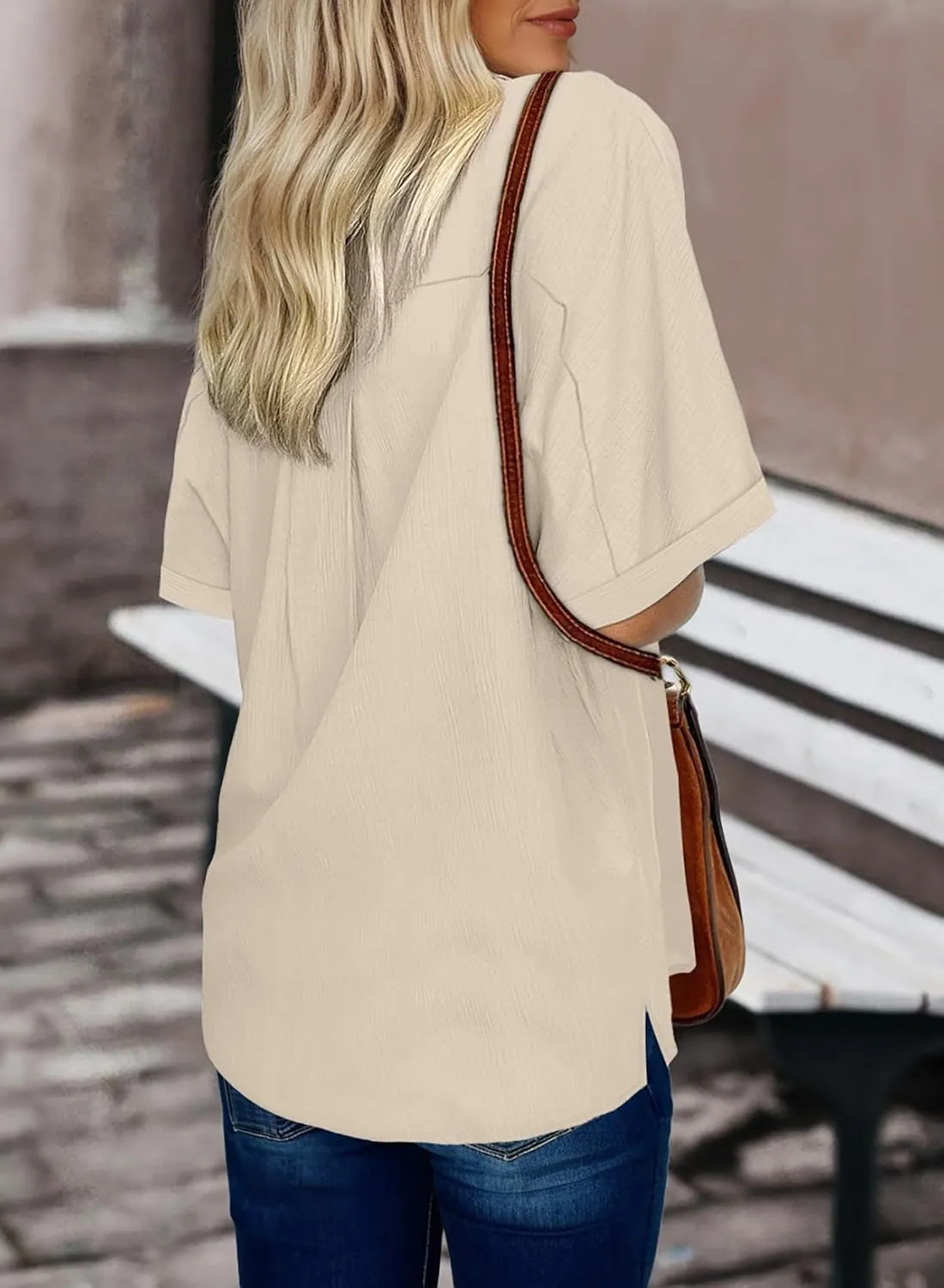 Dokotoo Women's Dressy Casual V Neck Short Sleeve Button Down Shirts Relaxed Work Business Loose Blouses Tops