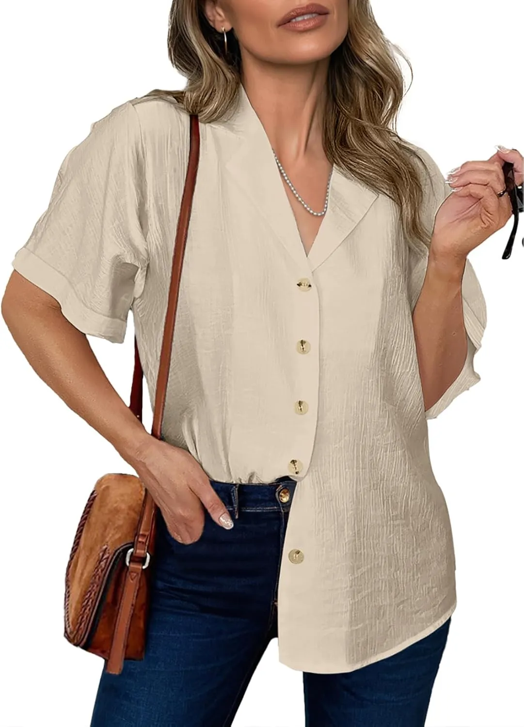 Dokotoo Women's Dressy Casual V Neck Short Sleeve Button Down Shirts Relaxed Work Business Loose Blouses Tops
