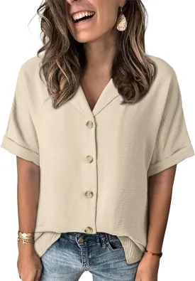 Dokotoo Women's Dressy Casual V Neck Short Sleeve Button Down Shirts Relaxed Work Business Loose Blouses Tops