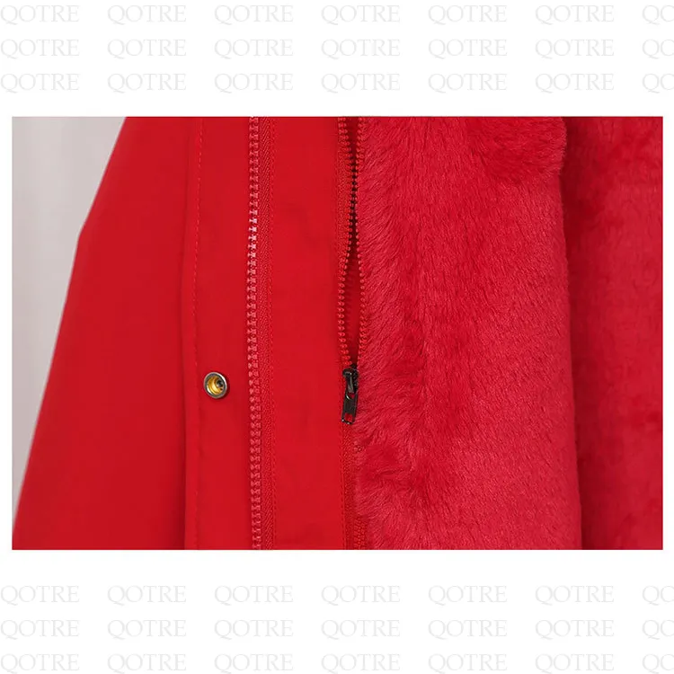 Faux Fur Collar Cinched Waist Fleece Parka