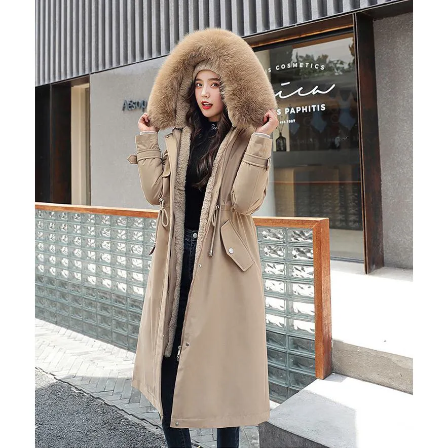 Faux Fur Collar Cinched Waist Fleece Parka