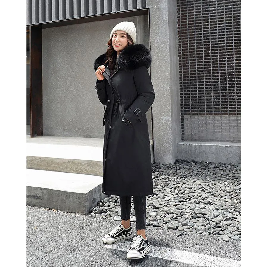 Faux Fur Collar Cinched Waist Fleece Parka