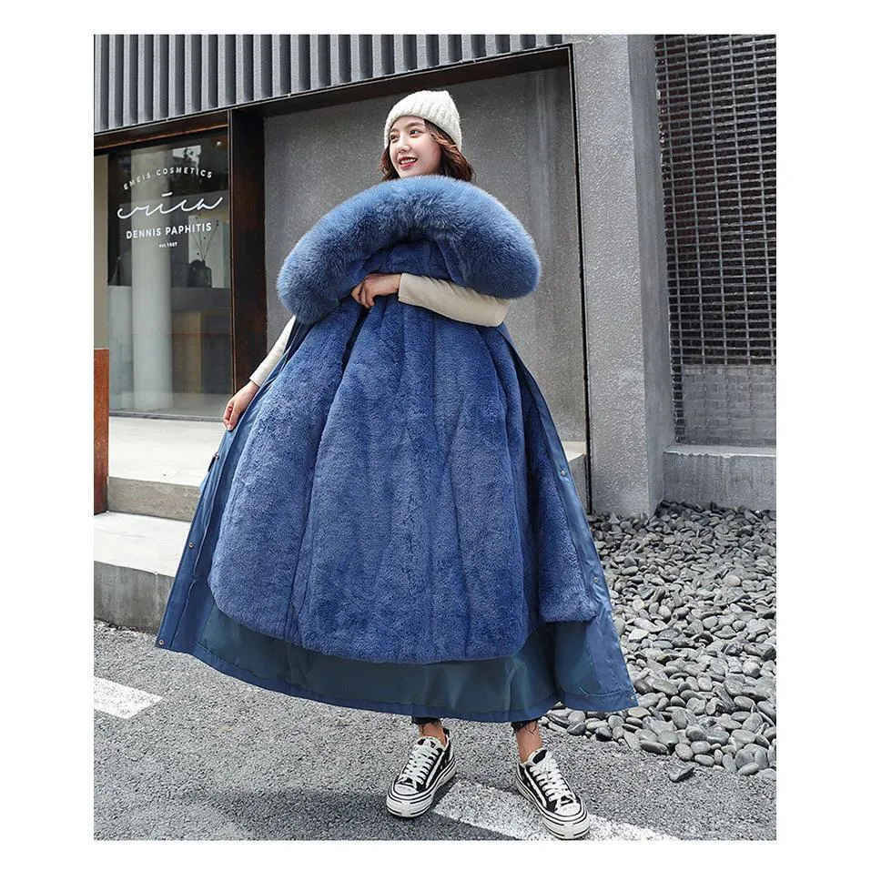 Faux Fur Collar Cinched Waist Fleece Parka