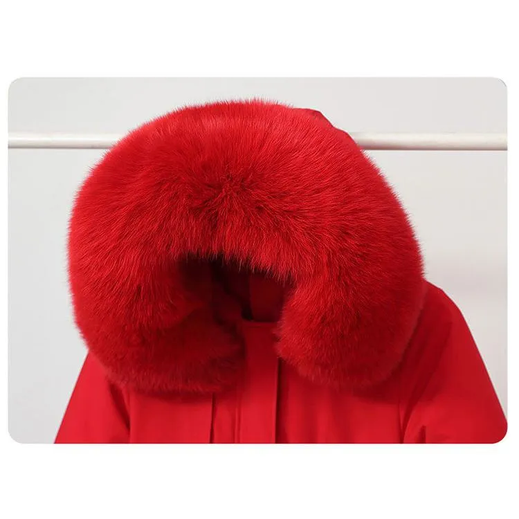 Faux Fur Collar Cinched Waist Fleece Parka