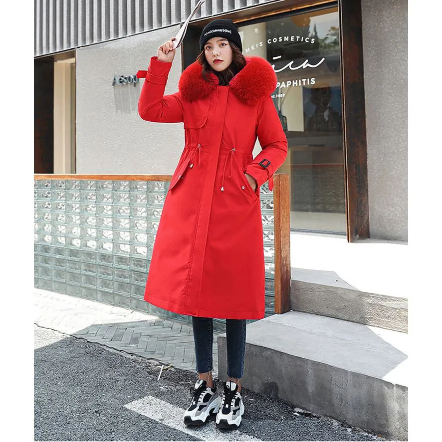 Faux Fur Collar Cinched Waist Fleece Parka