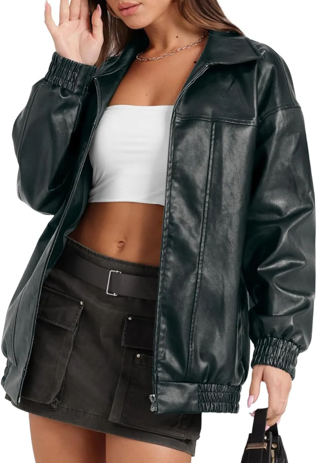 Faux Leather Jacket for Women Lapel Oversized Motorcycle Jacket Zip Up Bomber Coats Winter Fashion 2025 Fall Outfits