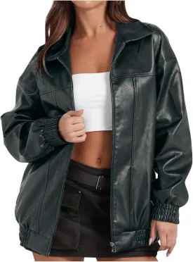 Faux Leather Jacket for Women Lapel Oversized Motorcycle Jacket Zip Up Bomber Coats Winter Fashion 2025 Fall Outfits
