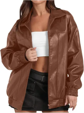 Faux Leather Jacket for Women Lapel Oversized Motorcycle Jacket Zip Up Bomber Coats Winter Fashion 2025 Fall Outfits