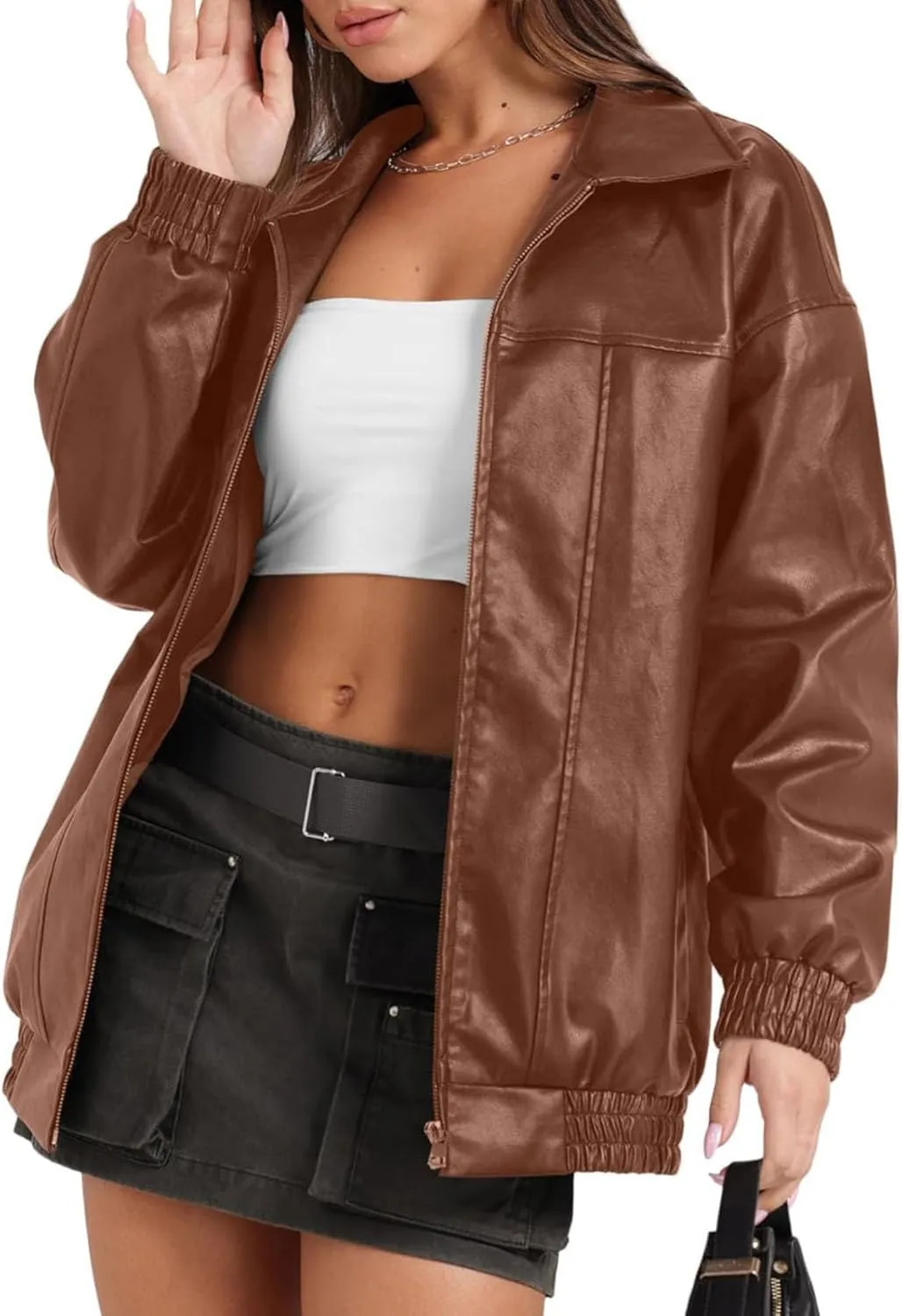 Faux Leather Jacket for Women Lapel Oversized Motorcycle Jacket Zip Up Bomber Coats Winter Fashion 2025 Fall Outfits