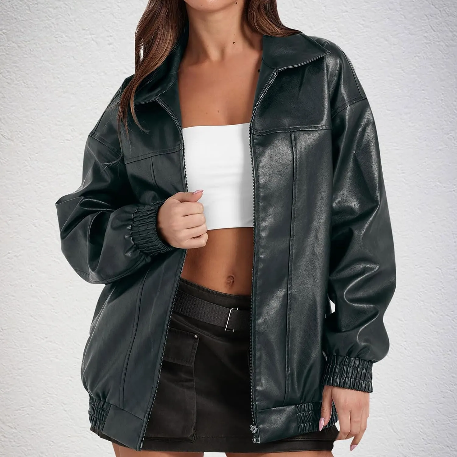 Faux Leather Jacket for Women Lapel Oversized Motorcycle Jacket Zip Up Bomber Coats Winter Fashion 2025 Fall Outfits