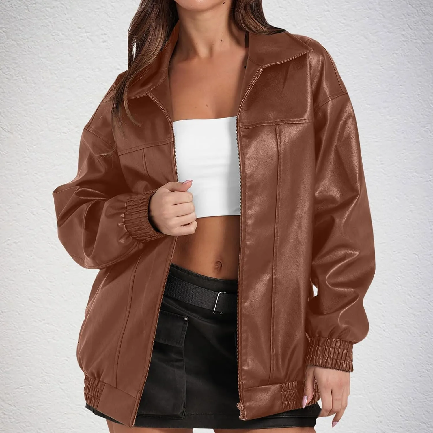 Faux Leather Jacket for Women Lapel Oversized Motorcycle Jacket Zip Up Bomber Coats Winter Fashion 2025 Fall Outfits