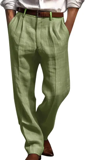 Finelylove Cotton Linen Pants Men Straight Leg Pleated Work Dress Pants Relaxed Fit Casual Leisure Chino Trousers