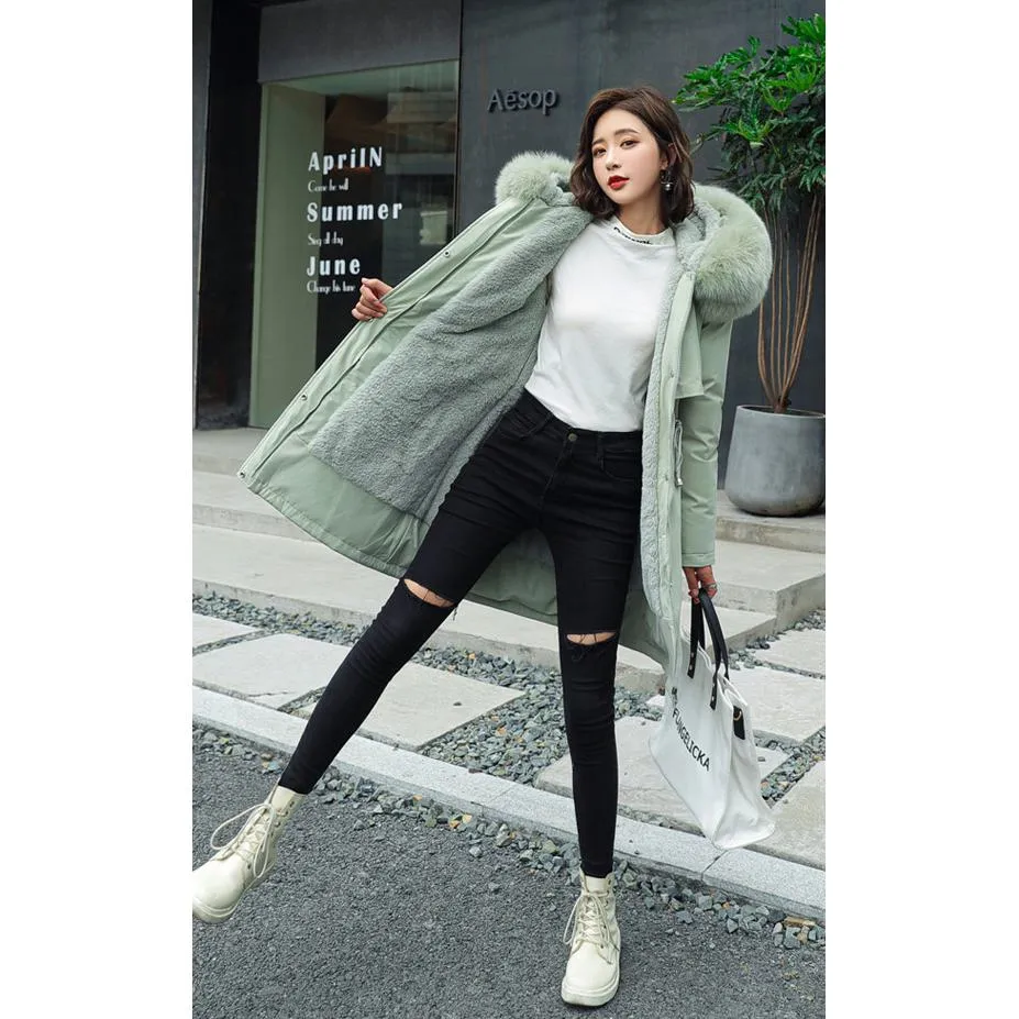 Fleece-Lined Thigh-Length Fur Collar Parka