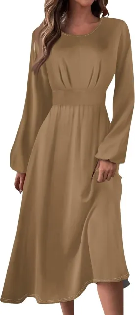 Formal Fall Winter Long Sleeve Wedding Guest Dresses for Women Floral Casual Trendy Smocked Flowy A Line Midi Dress