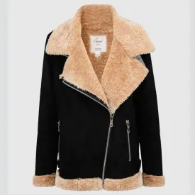 Genuine Best Charcoal Fashion Women’s Black Shearling Aviator Biker Jacket