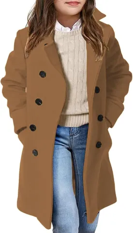Girls Coat Double Breasted Notched Collar Wool Blend Long Trench Coat Winter Warm Peacoat Dress Coat with Pockets