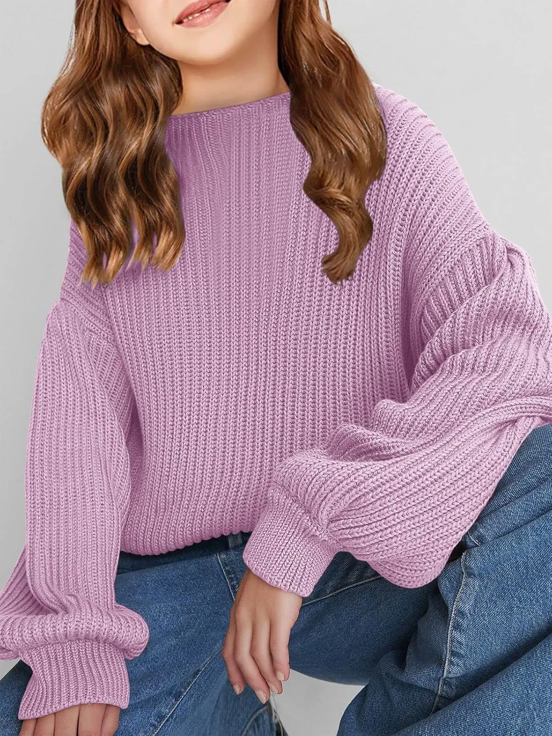 Girls Oversized Long Sleeve Sweaters Kids Drop Shoulder Batwing Crewneck Pullover Clothes 5-14 Years