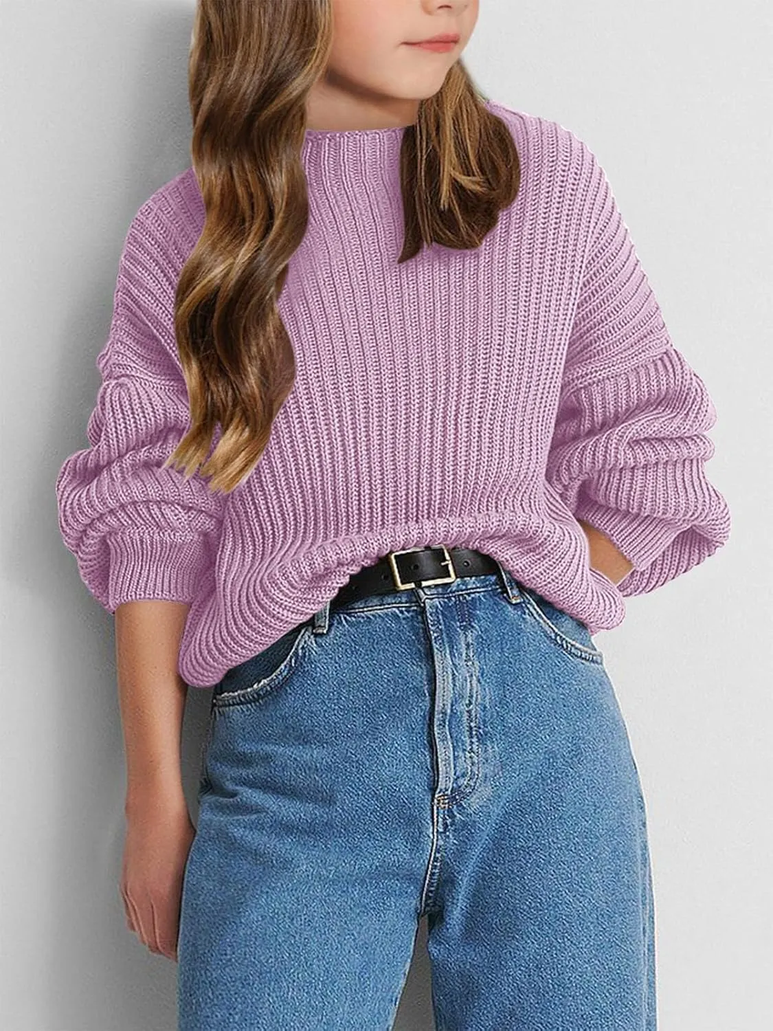 Girls Oversized Long Sleeve Sweaters Kids Drop Shoulder Batwing Crewneck Pullover Clothes 5-14 Years
